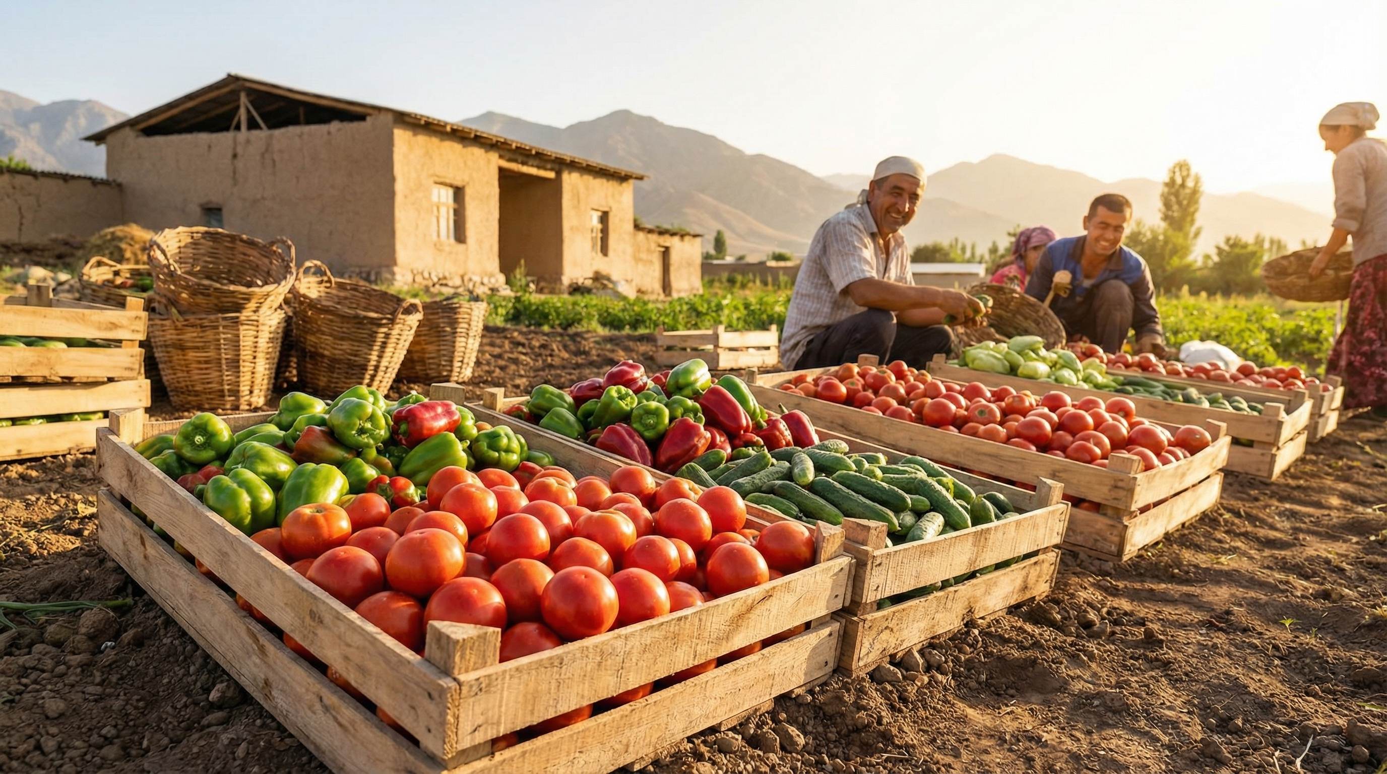 Abundant vegetable harvest - tomatoes, peppers, cucumbers in wooden crates